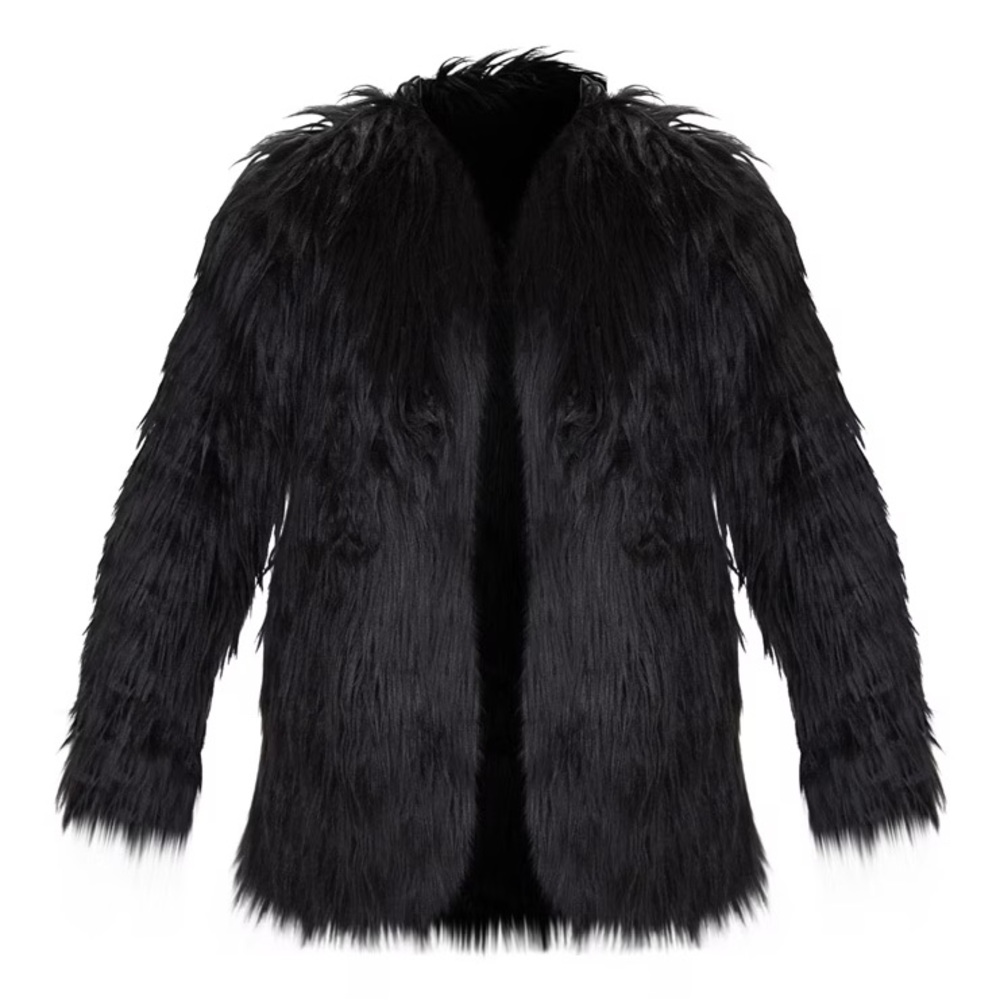 Pretty Little Thing Amaria Black Shaggy Faux Fur Jacket Size UK 8